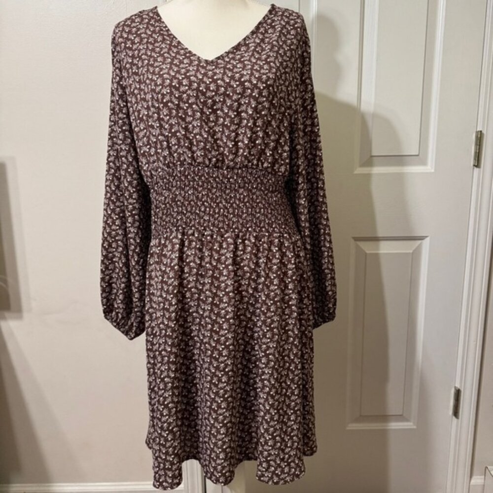 SHEIN Brown Smocked Sundress with Bishop Sleeves, size 2XL